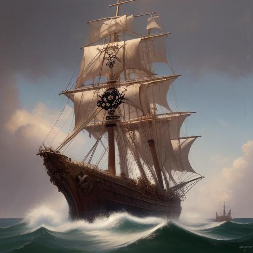 Robot Pirate Skeleton Sailing High-Tech Ship