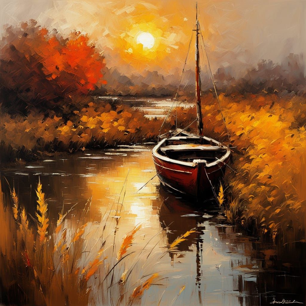 Ethereal Autumn Sunset River Scene in Impasto Oil Painting