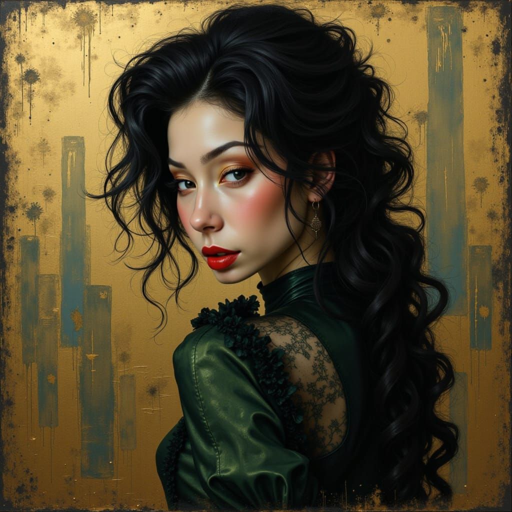 Punk female profile smiling long black curly hair style, red...