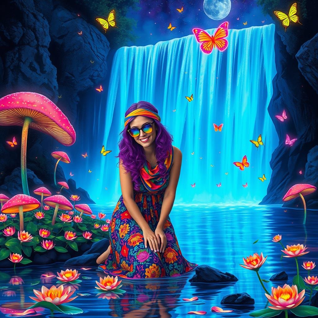 Bioluminescent Waterfall with Woman and Neon Mushrooms