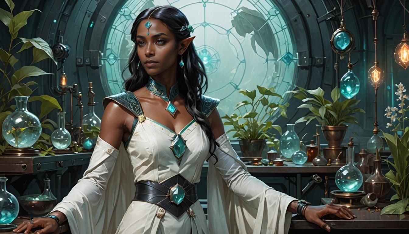 Elven Doctor in Sci-Fi Botanical Laboratory Portrait