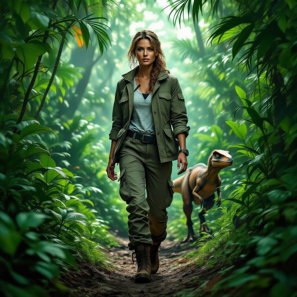 Jungle Encounter: Woman and Velociraptor in Photorealistic S...