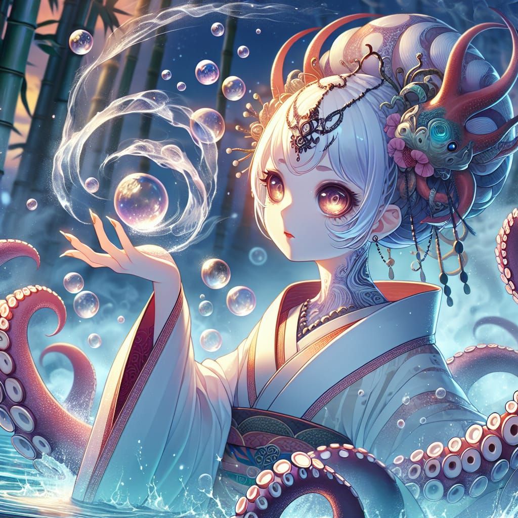 Anime Octopus Woman Bathing in Hot Spring