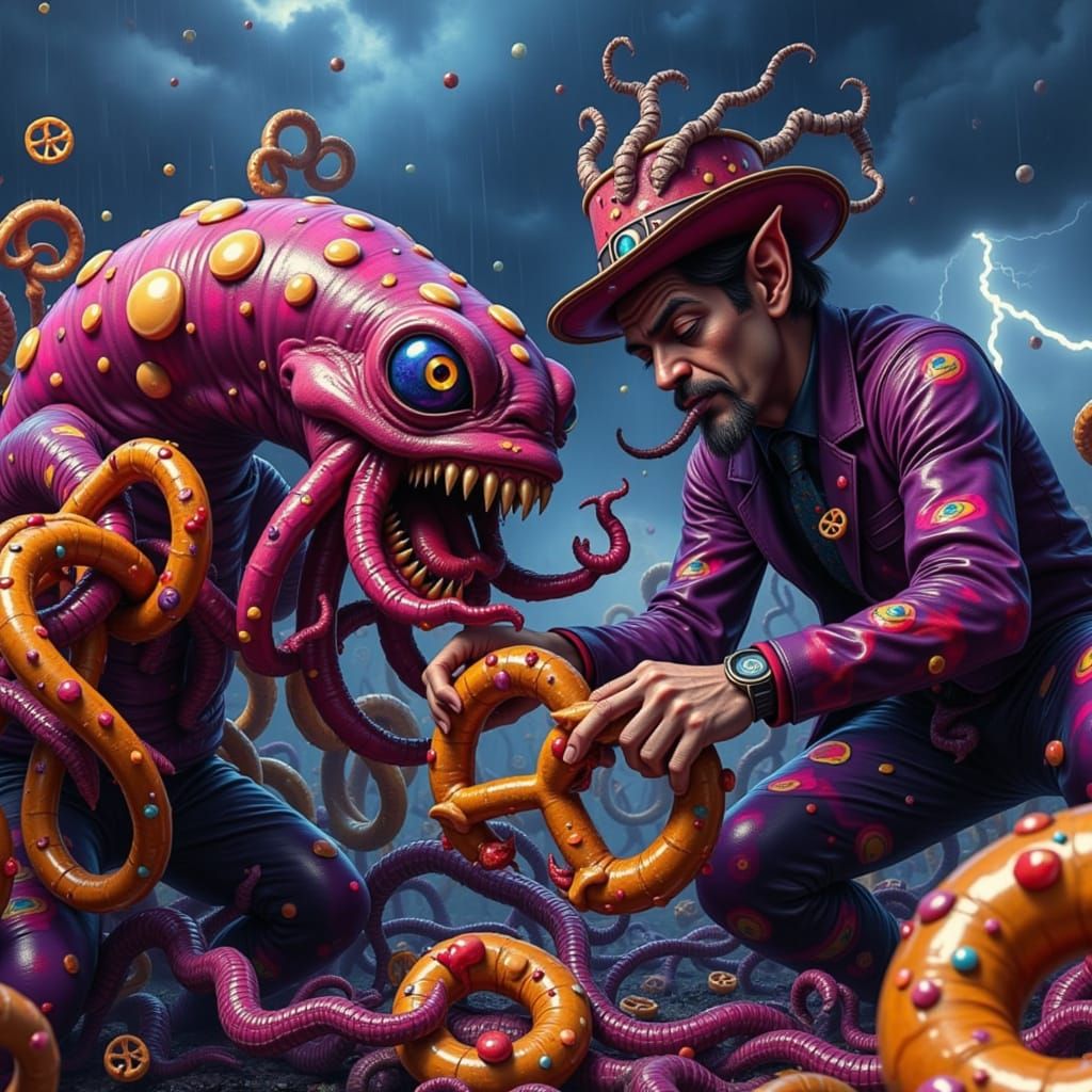 Vibrant Astral Wrestling Scene in a Twisted Pretzel Field