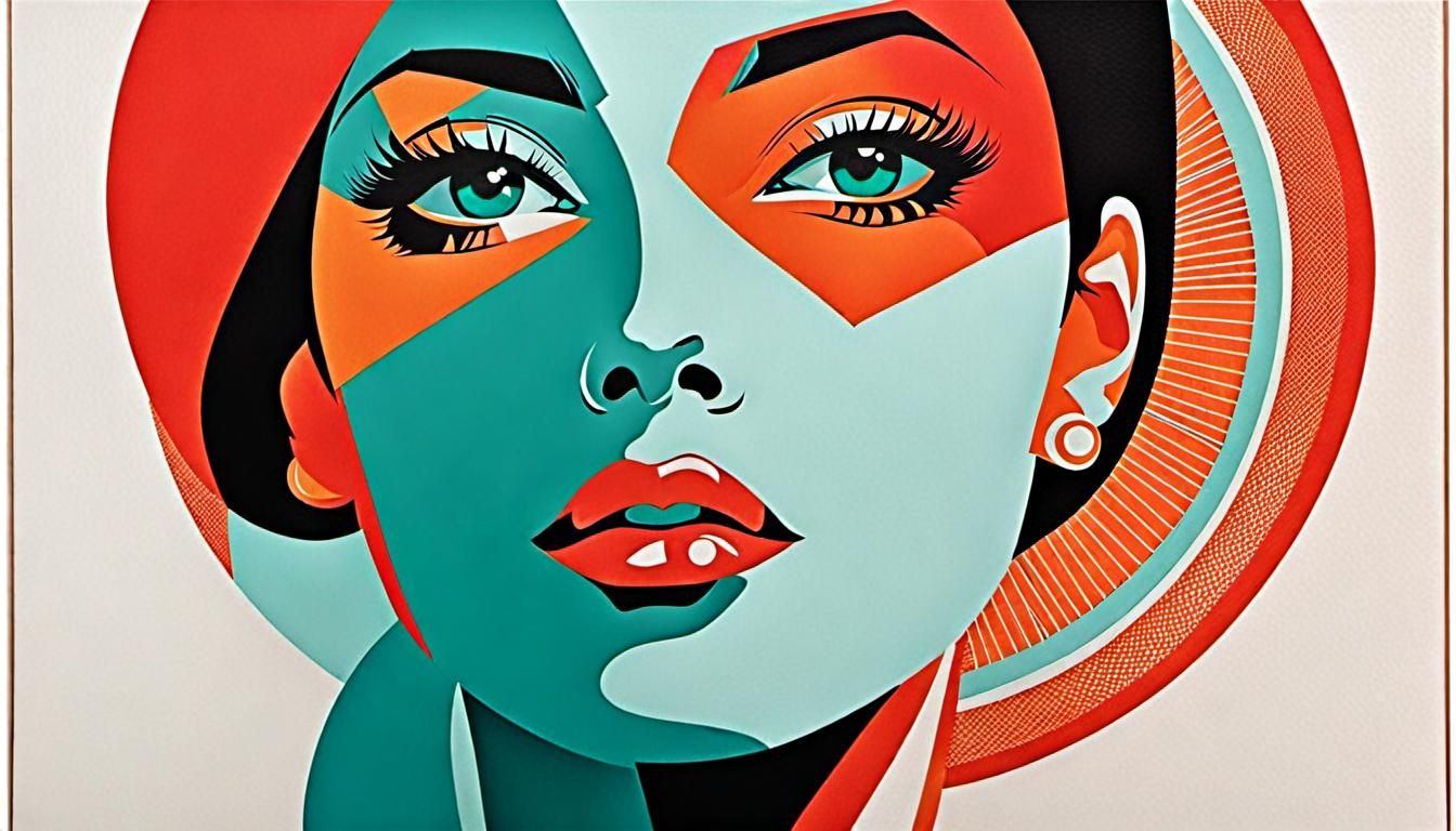 Geometric Portrait Serigraph in Aquamarine and Orange-Red