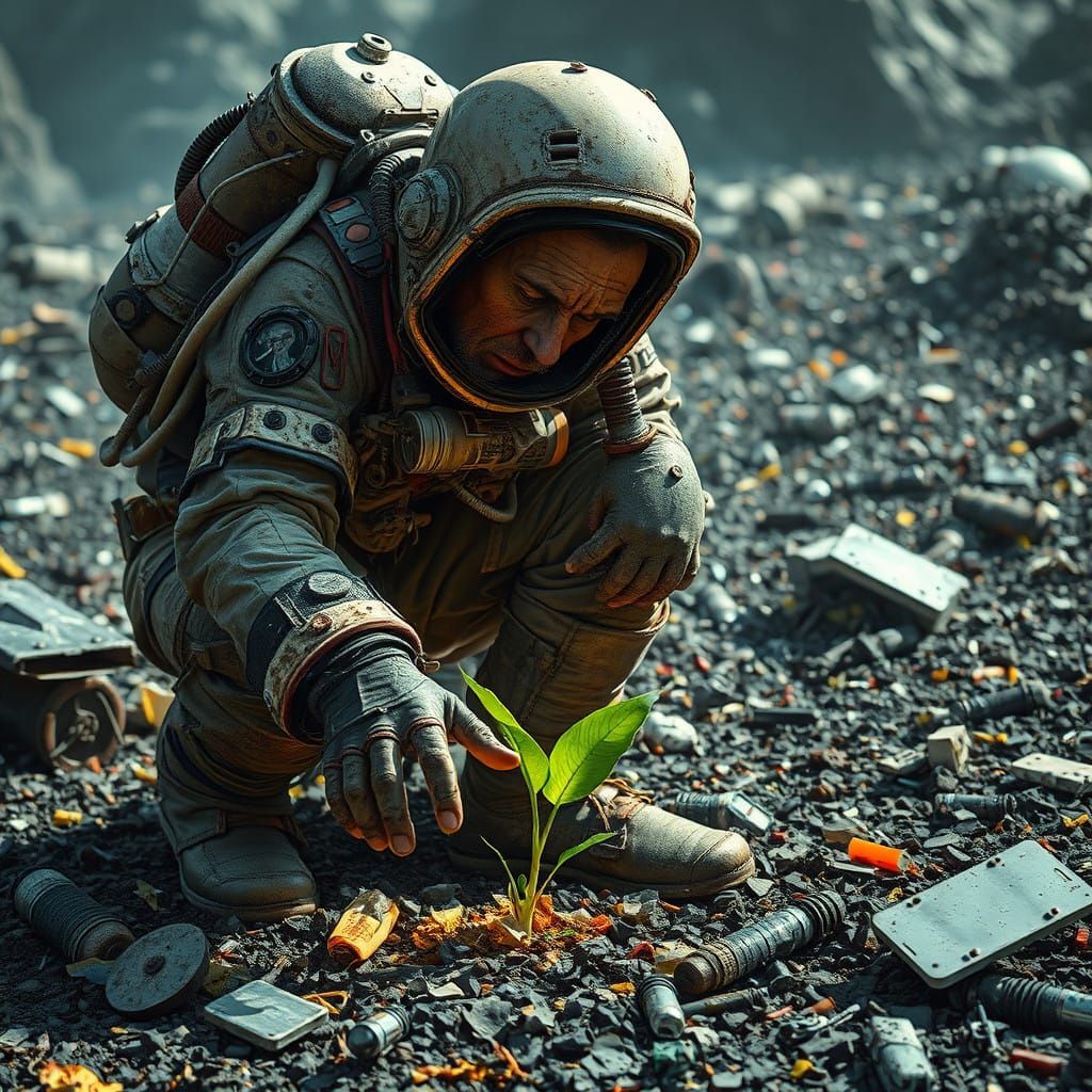 Weathered Space Beggar Finds Hope Amidst Desolate Wastes