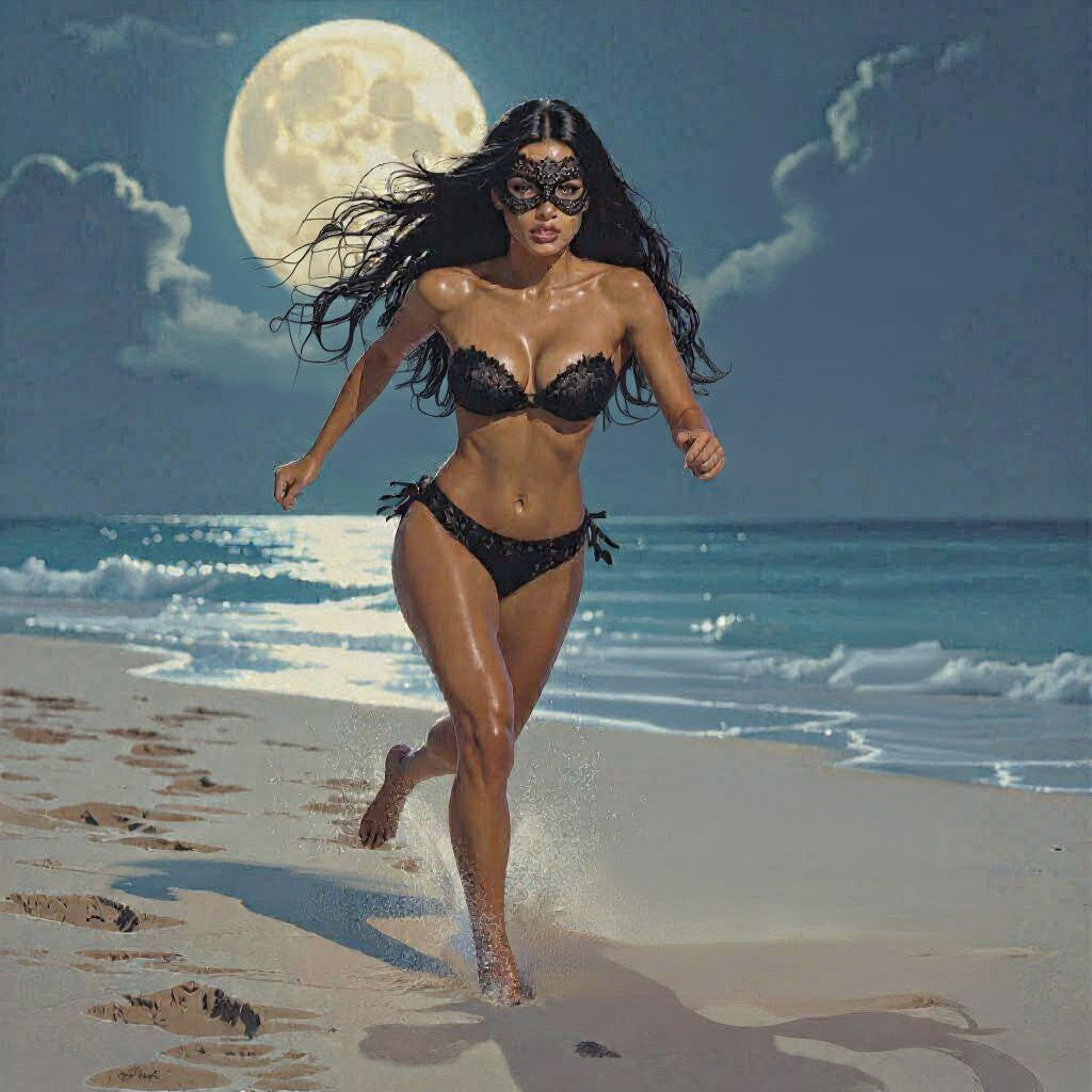 Latina on Moonlit Beach with Lace Mask