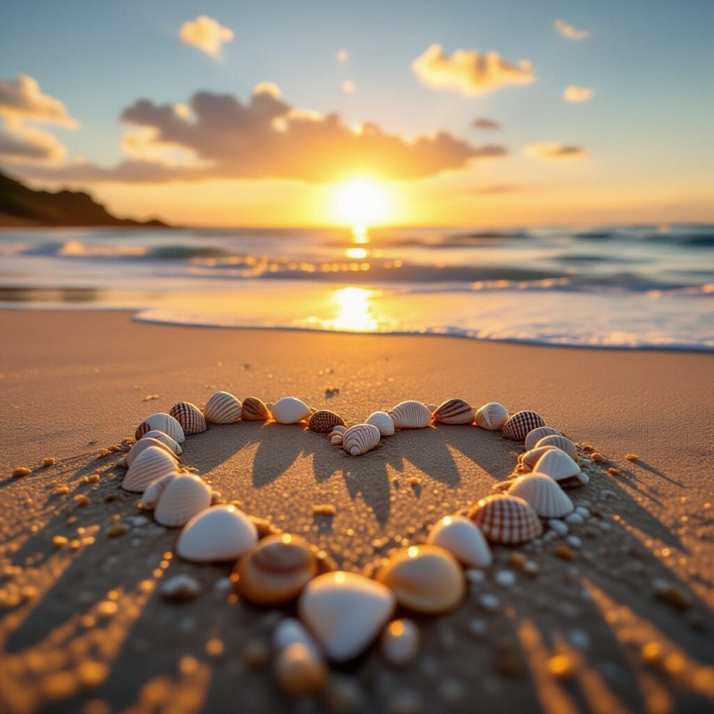 Golden Beach Sunset With Heart Shells