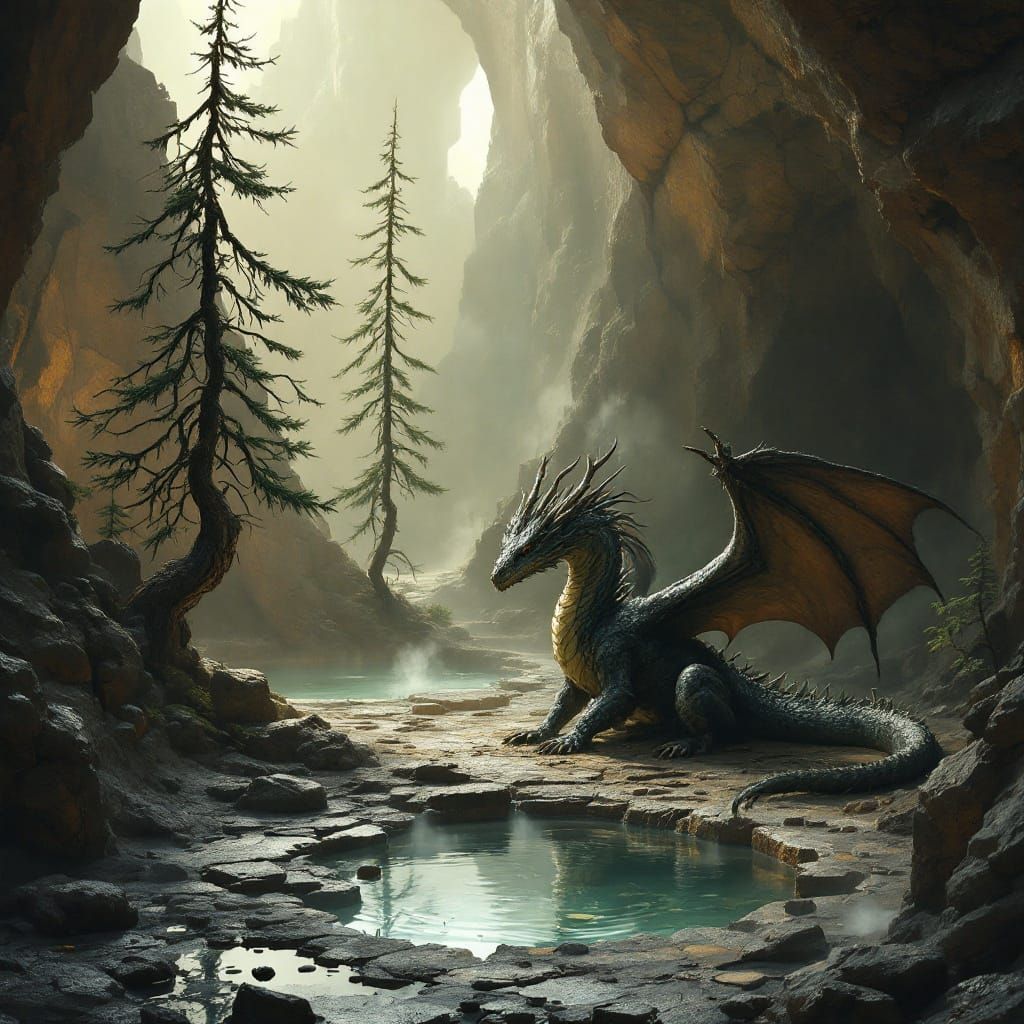 Dragon's Steamy Lair in Fiery Rock Formation