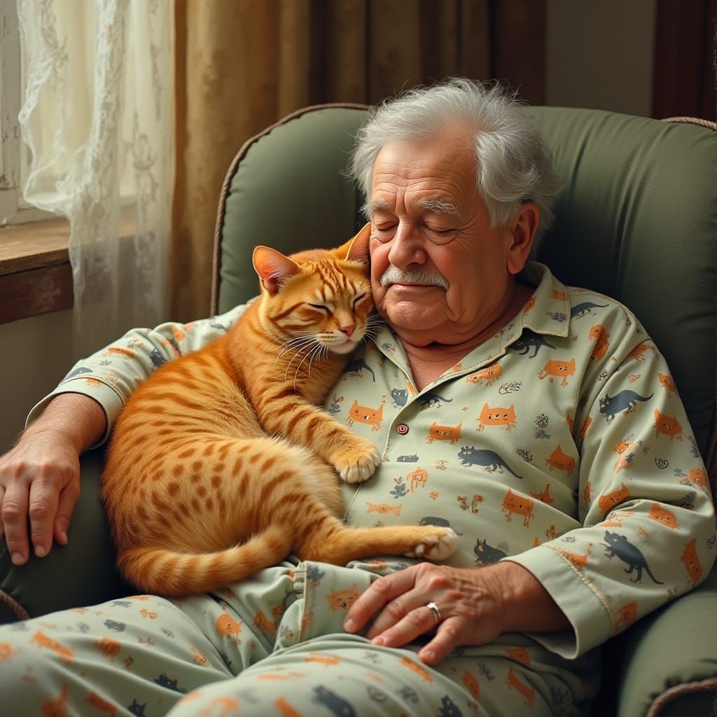 Cozy Nap: Cat and Man in Rockwell-esque Scene