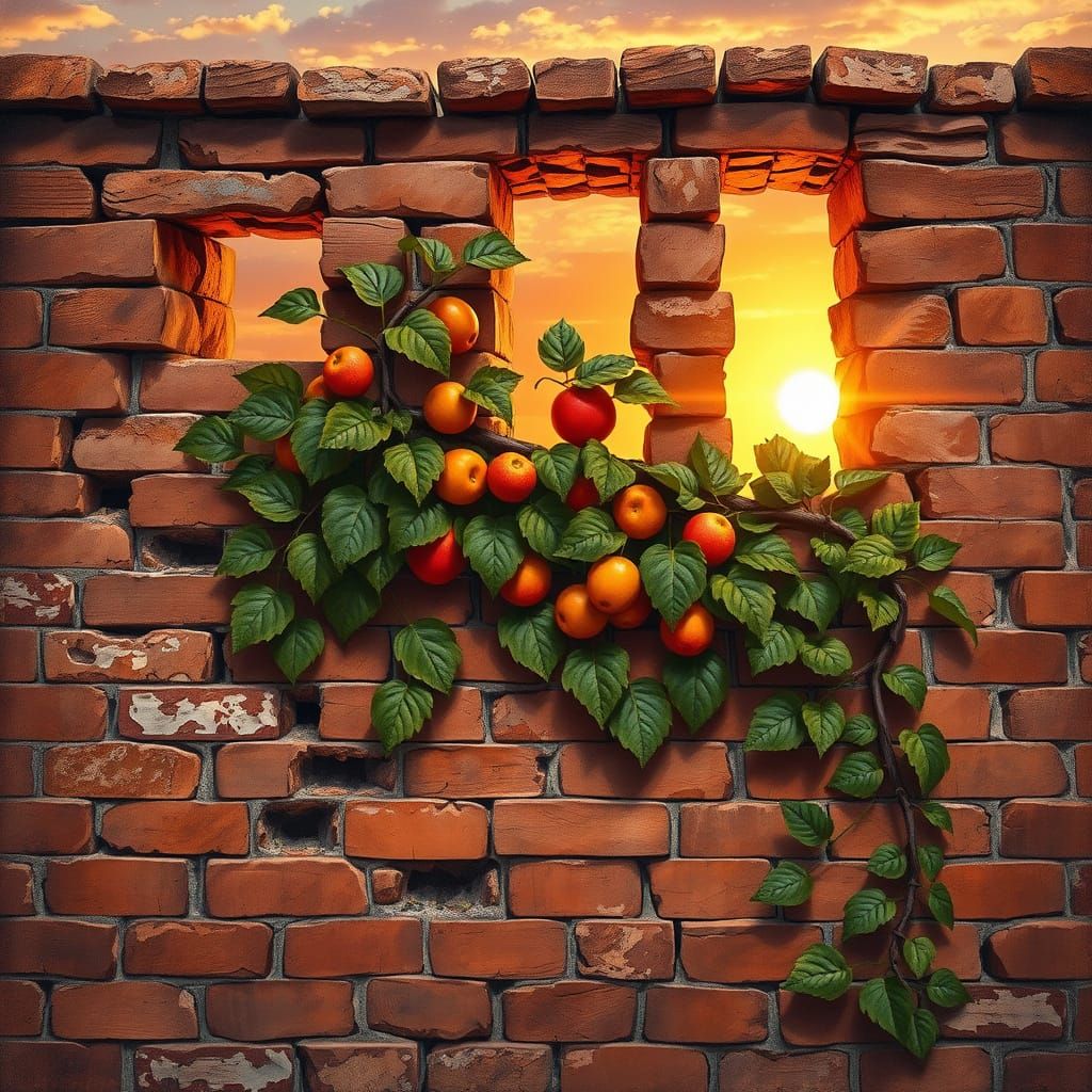 Rustic Brick Wall with Exotic Fruit Vine