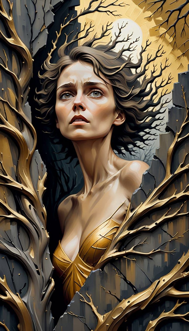 Woman Emerging from Wall as Gritty Oil Painting