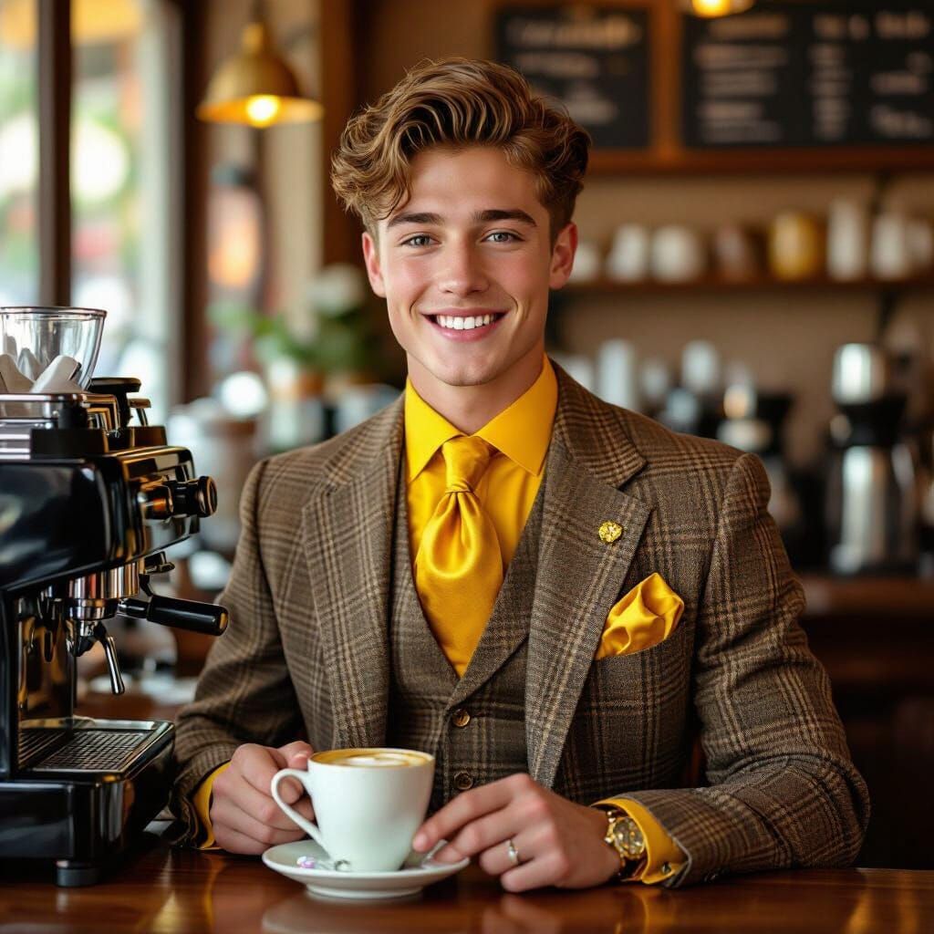 Smiling Young Man in Tweed Suit at Coffee Shop