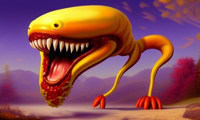 Surreal Pizza Monster in Ethereal Fantasy Landscape