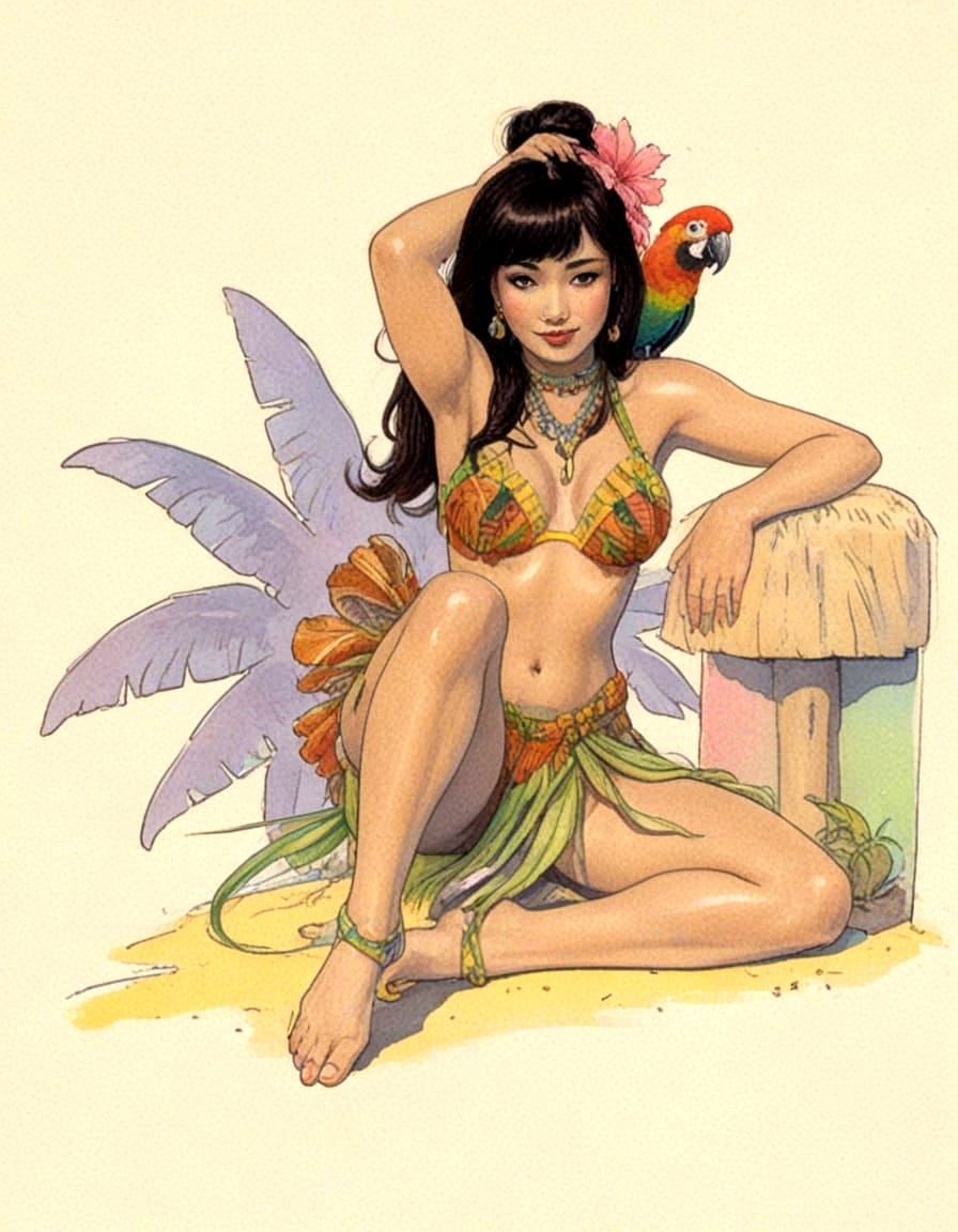 Hula Dancer on Beach at Sunset with Parrot