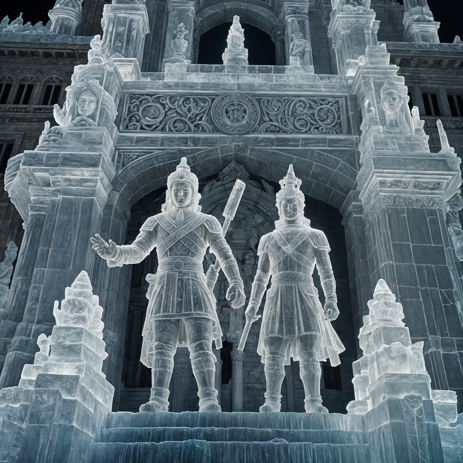 Ice Men Sculptures in a Glowing Palace