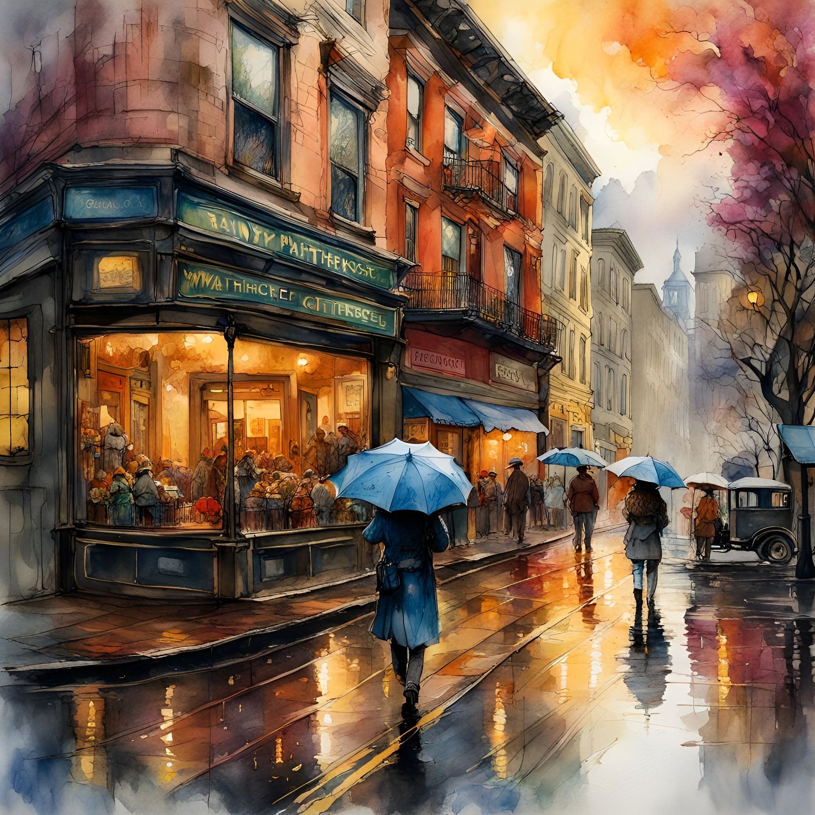 Rainy Day in Portland: Ink and Watercolor Illustration