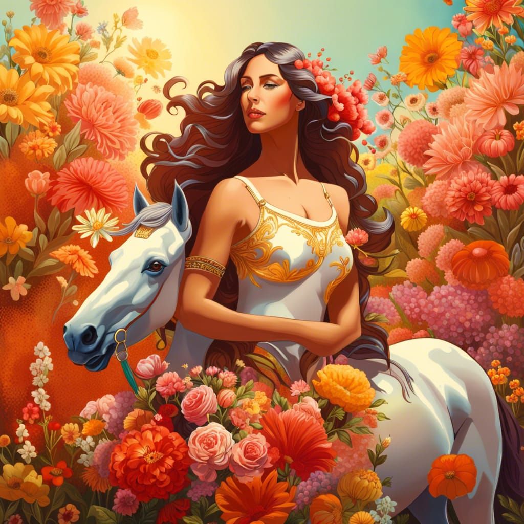 Beautiful Centaur Woman in Sunny Flower Field