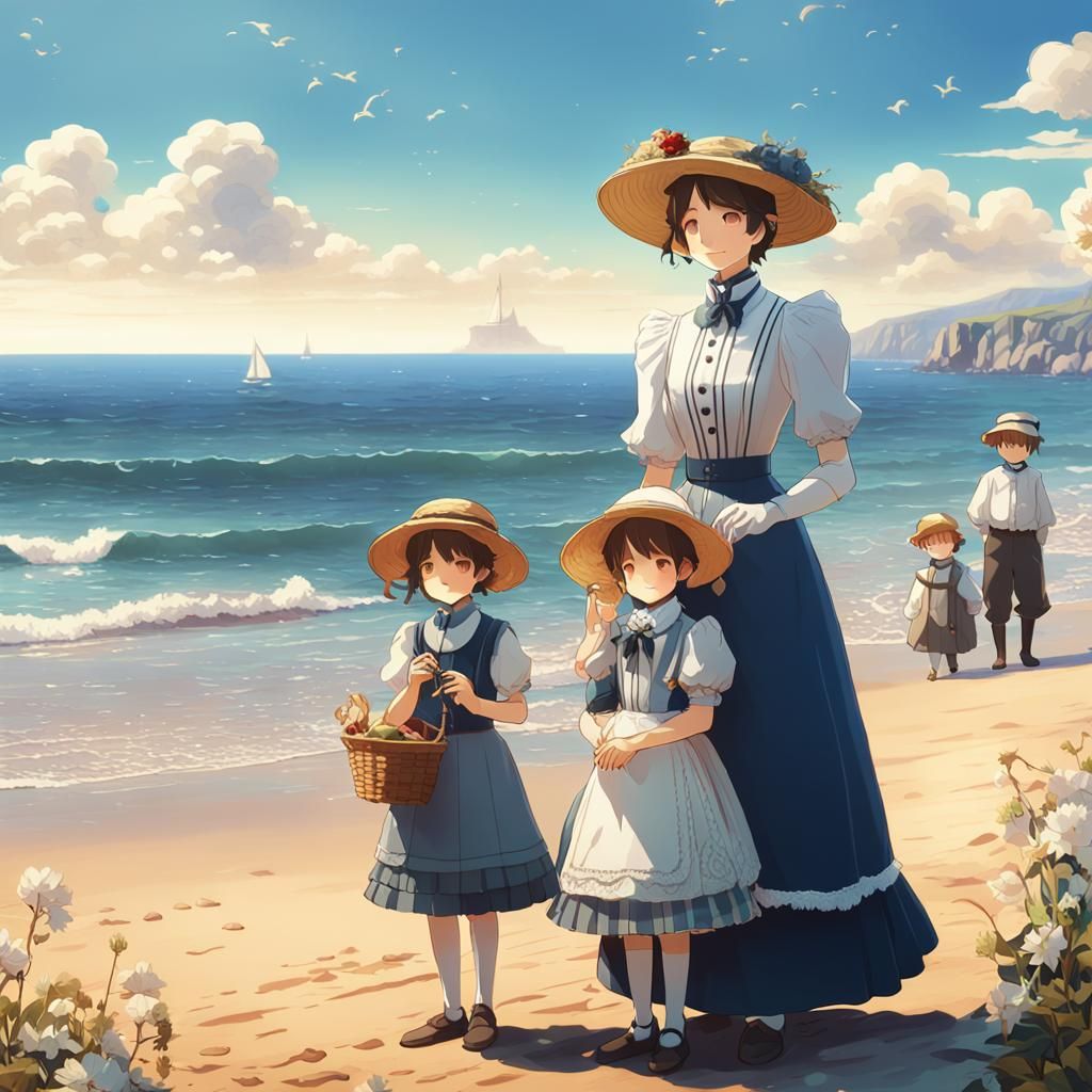 Edwardian Family in Vibrant Seaside Holiday Scene