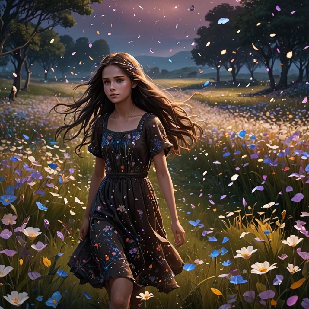 Girl in Bioluminescent Flower Field: Fantasy Concept Art