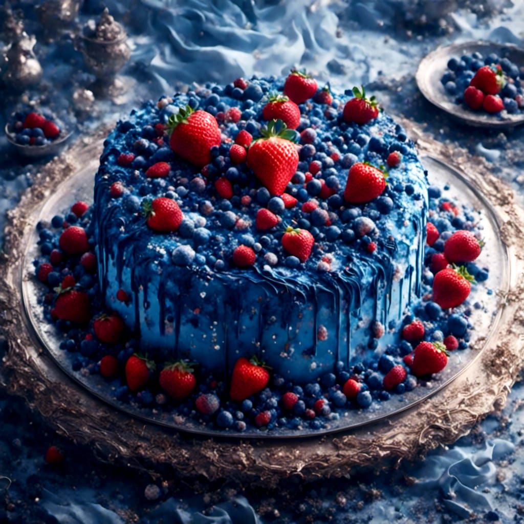 Blue Strawberry Cake Slice in Detailed Matte Painting