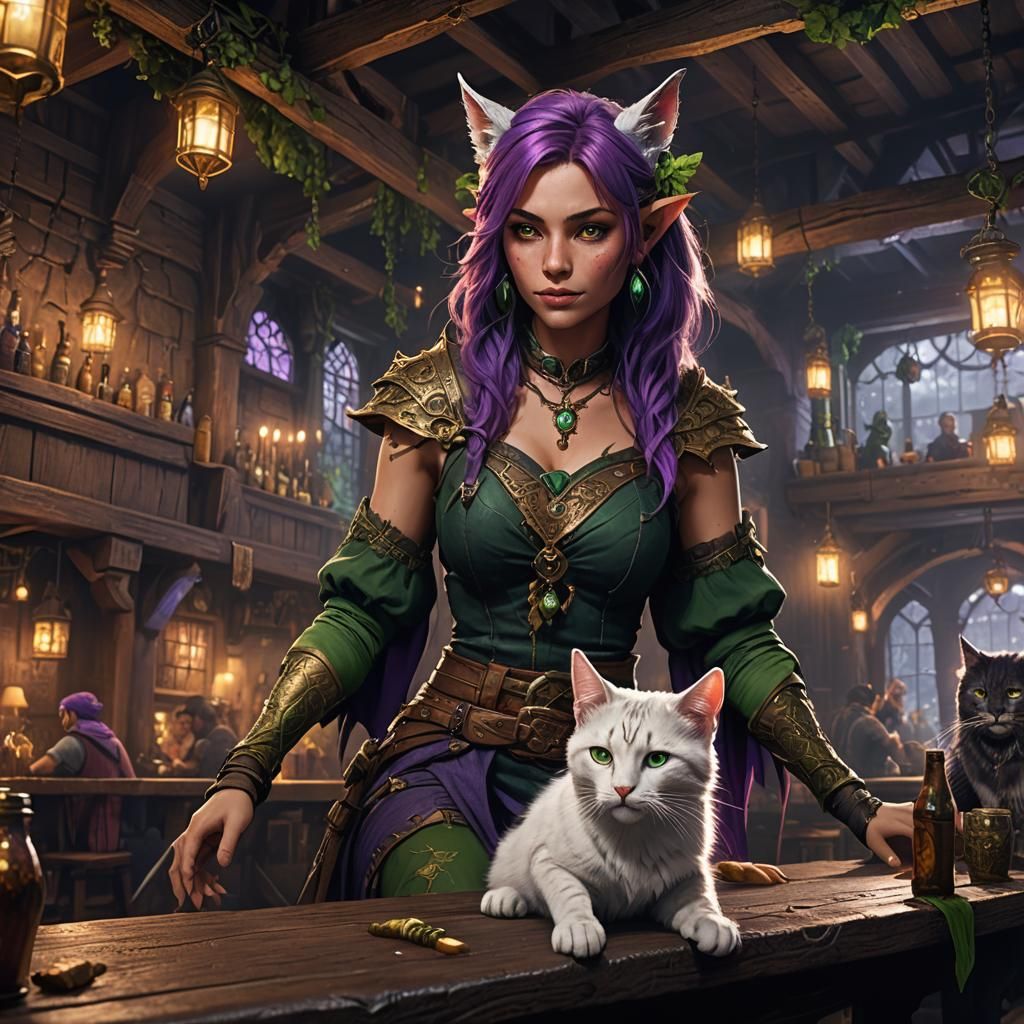 Fairy Druid and Tabaxi in Dark Tavern