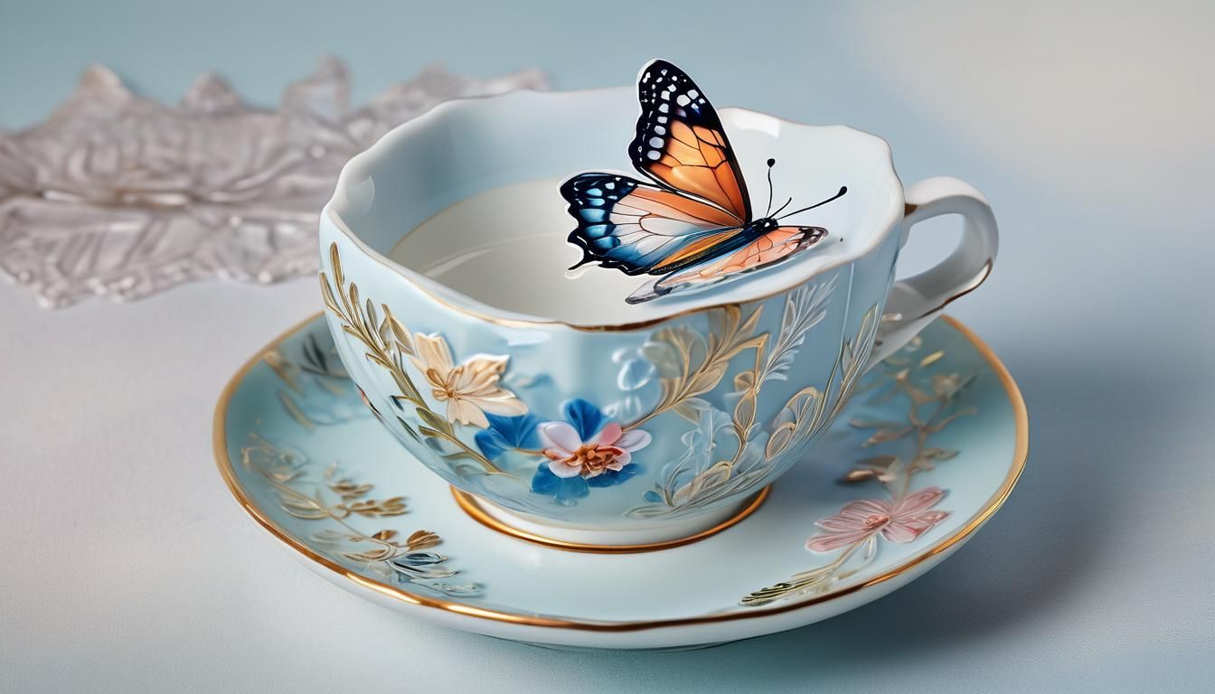 Porcelain Butterfly on Antique Teacup: Delicate Art