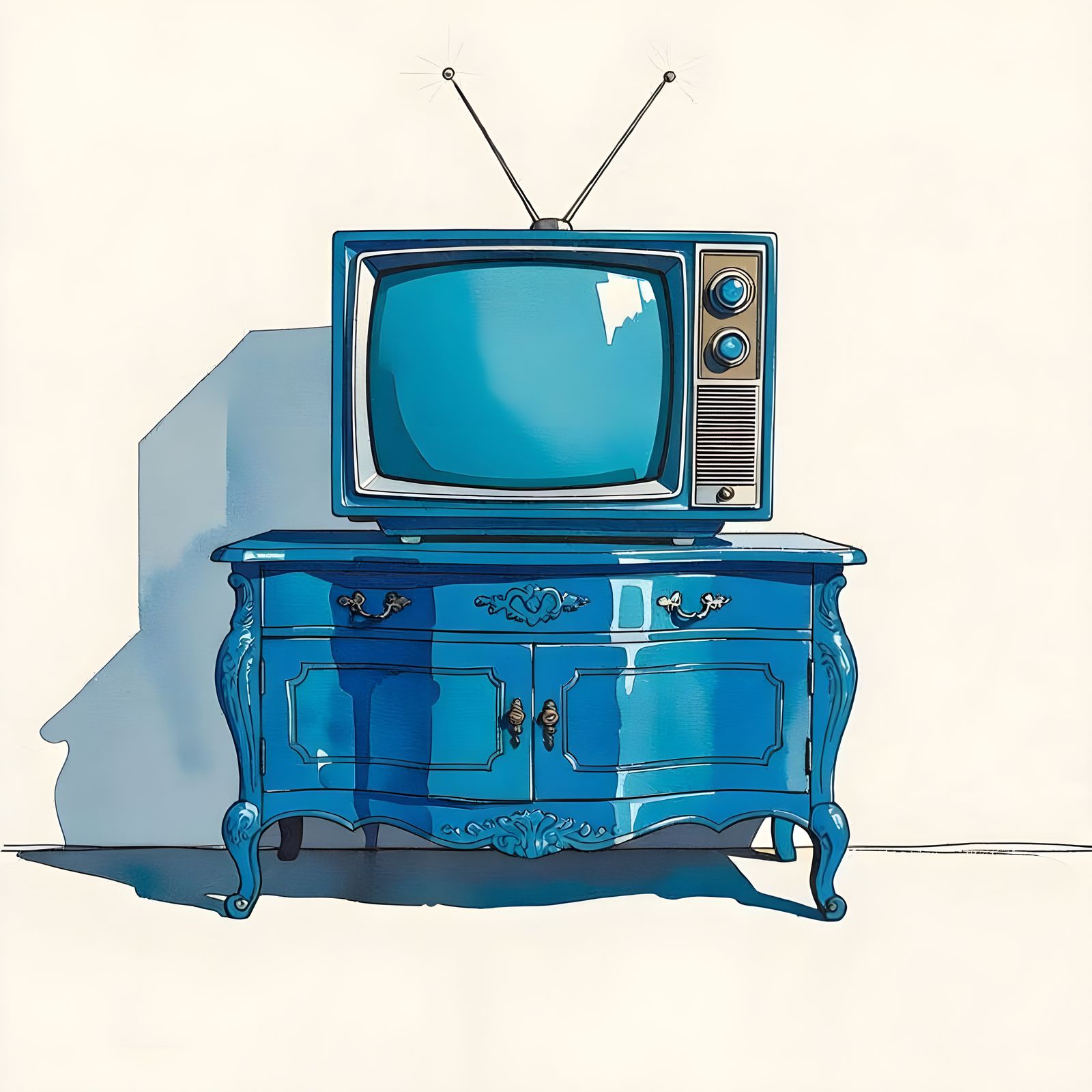 Lonely Blue CRT TV on Antique Cabinet in Watercolor