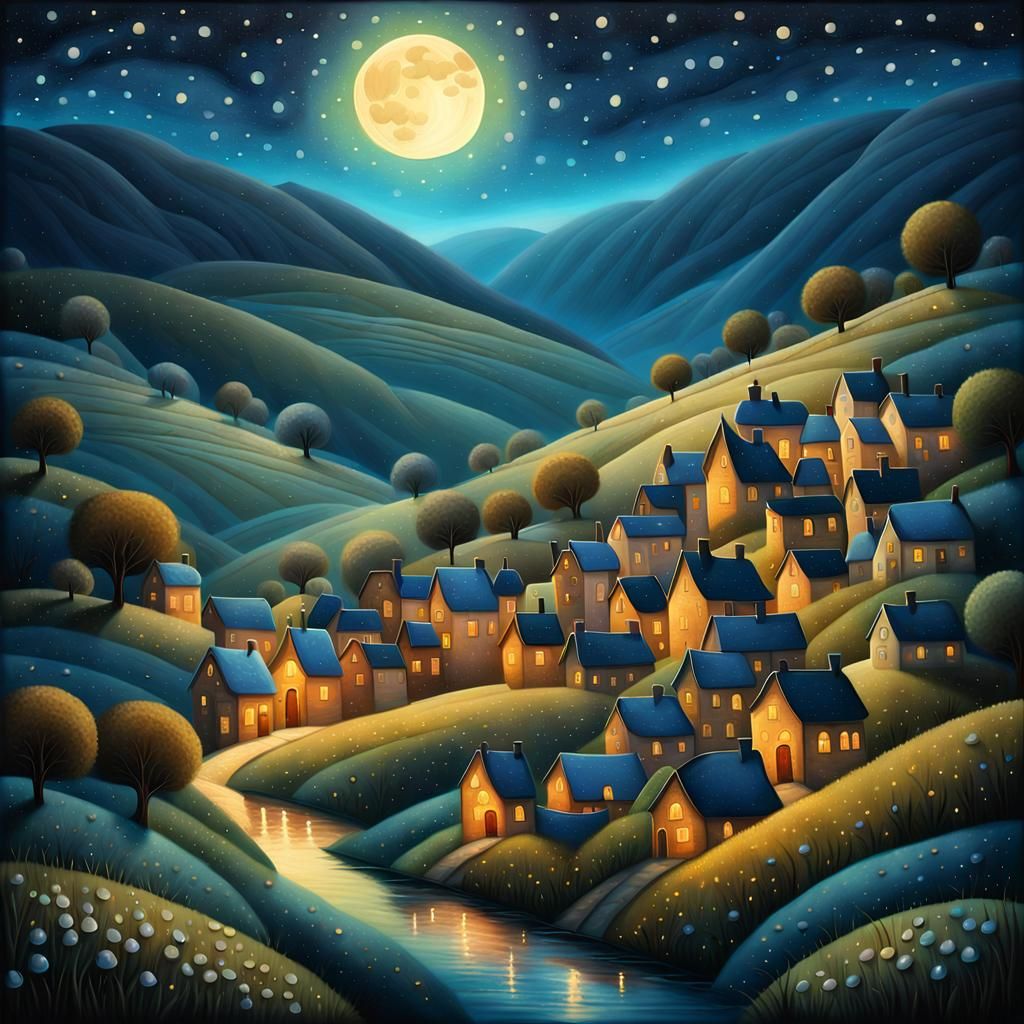 Enchanted Village Under Moonlight: Fantasy Art