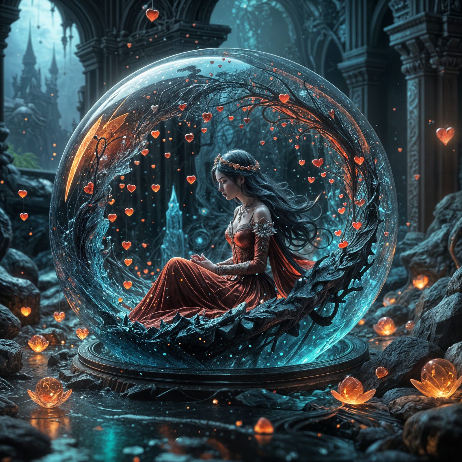 Glass Prince Waits Beside a Slumbering Crystal Princess in a...