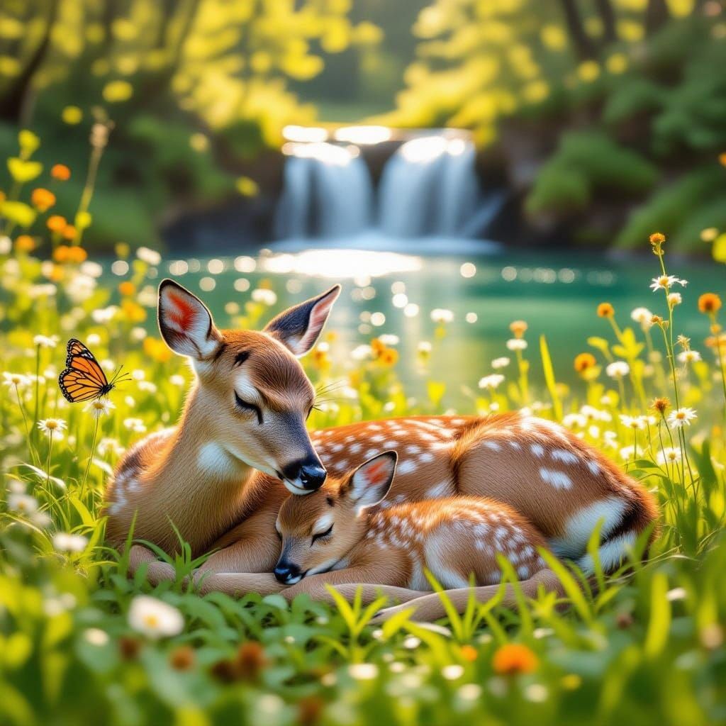 Mother and Fawn Sleeping by Waterfall in Golden Hour Light