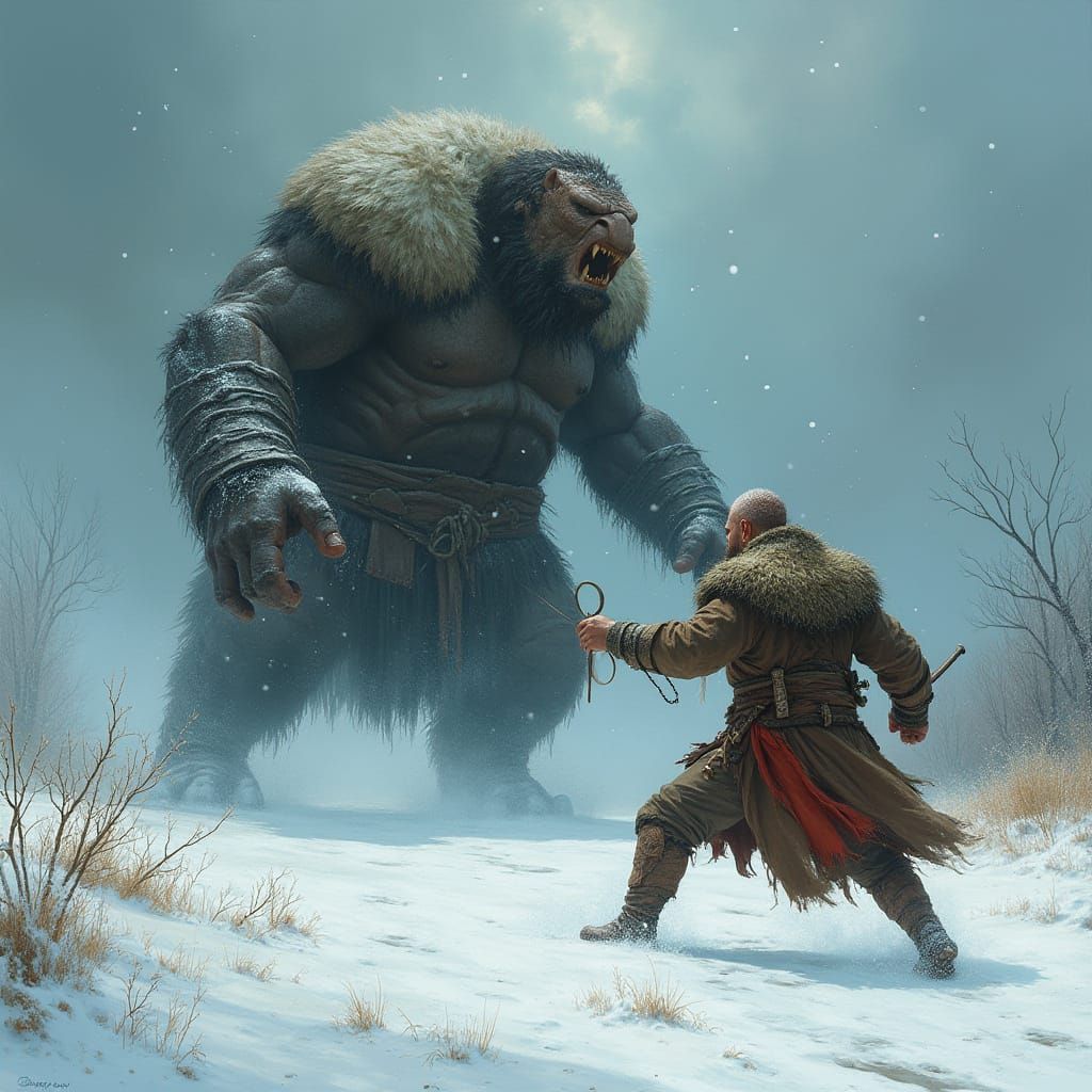 Giant Polar Bear Attacks Armored Viking Warrior