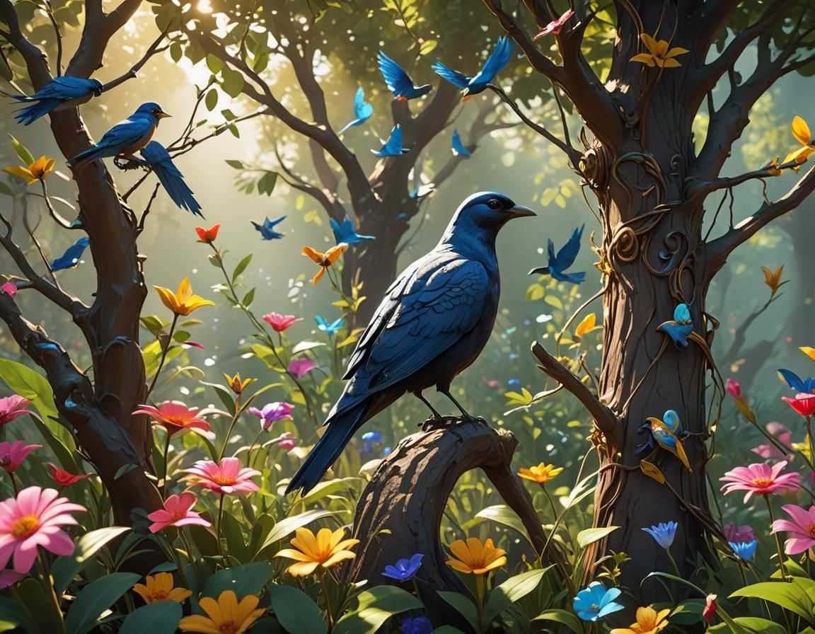 Surreal Garden Scene with Silver Girl: 3D Render