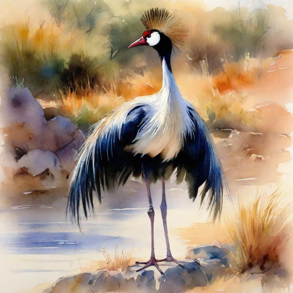 African Crowned Crane in Watercolor Impressionism