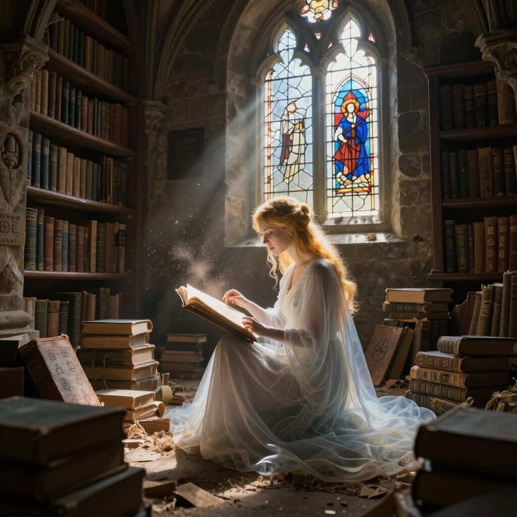 Ancient Library of Memories with Spectral Figure