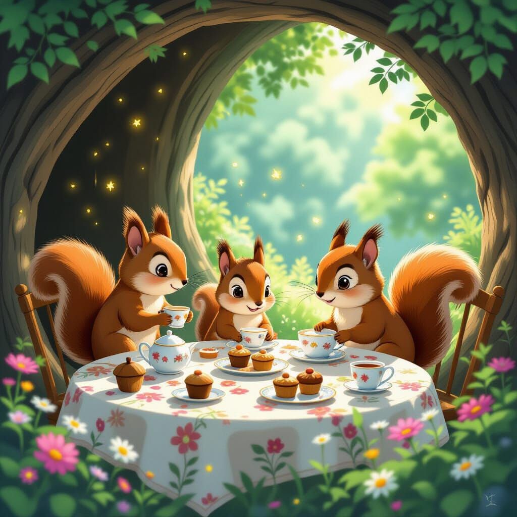 Squirrel Tea Party in Ghibli Anime Style