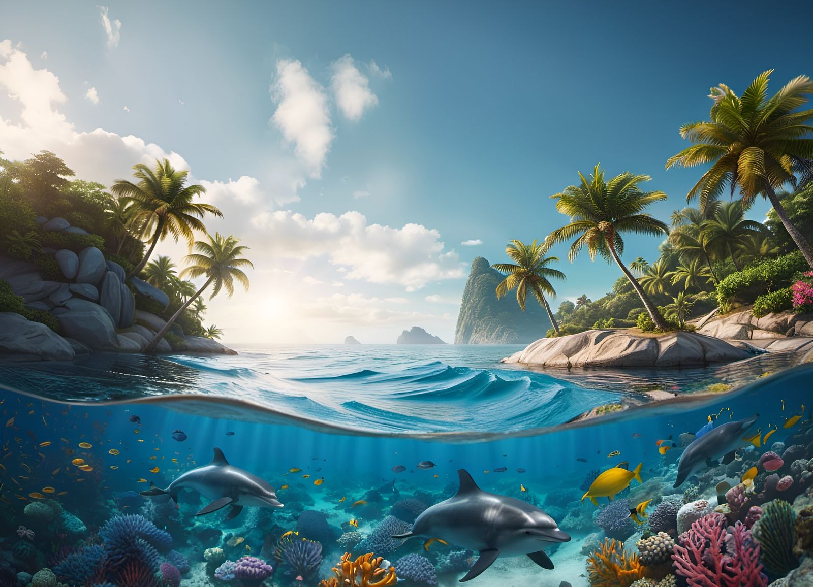 Tropical Beach and Dolphins in Hyperrealistic Style