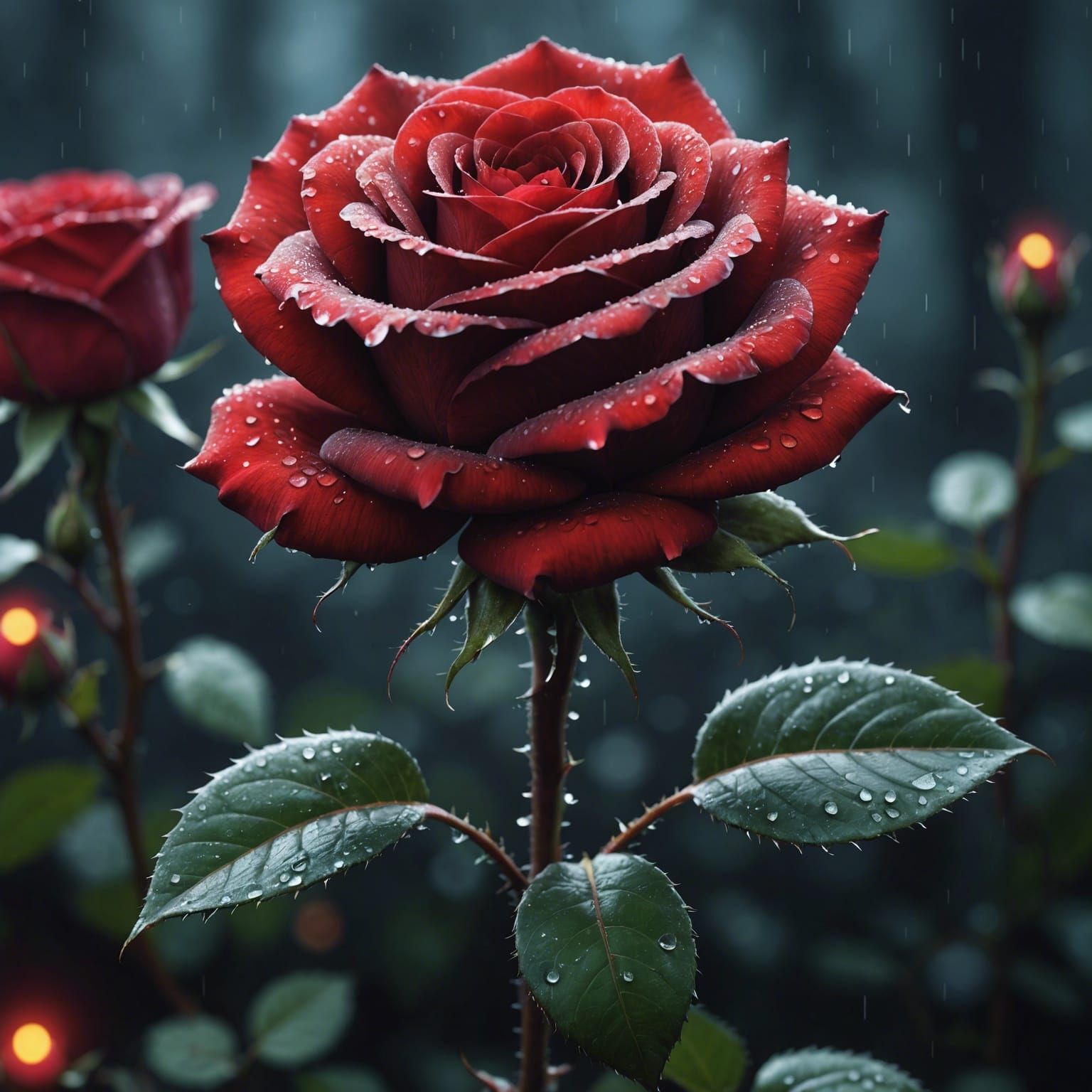 Bioluminescent Red Rose with Dewdrops, Ultra HD