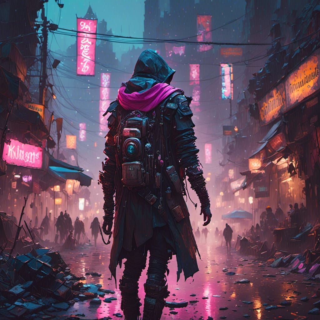Cyberpunk Adventurer in Ethereal Neon Mist