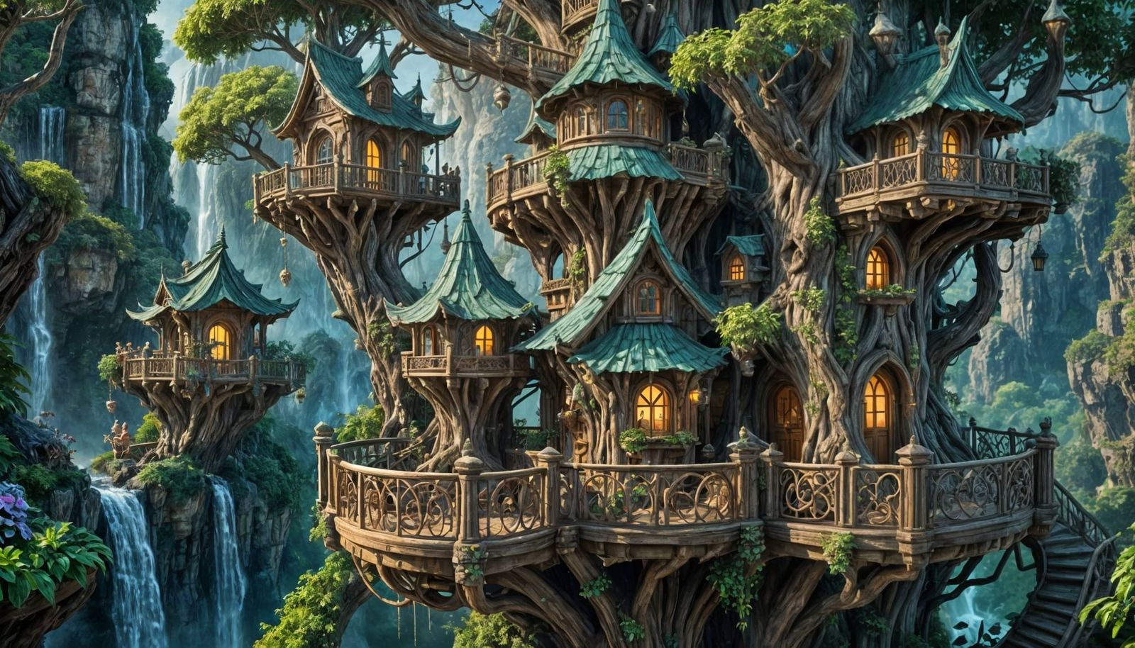 Elven Treehouse Castle Near Waterfall, Fantasy Art