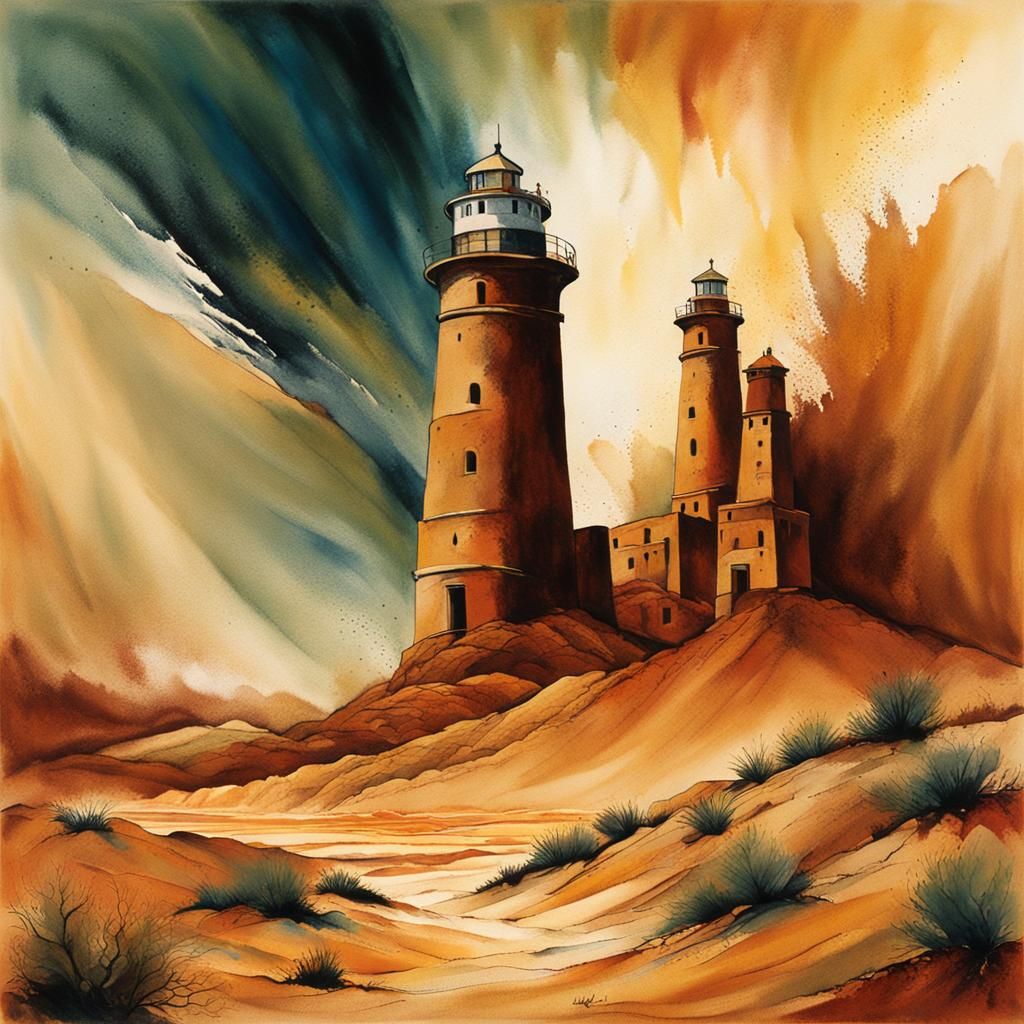 Desert Lighthouse Towers in Ink and Acrylic
