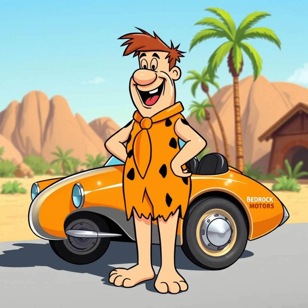 Fred Flintstone Car Salesman in Retro-Futuristic Bedrock