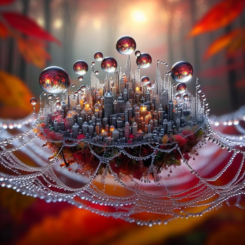 Dewdrop City on Spiderweb in Autumn Forest