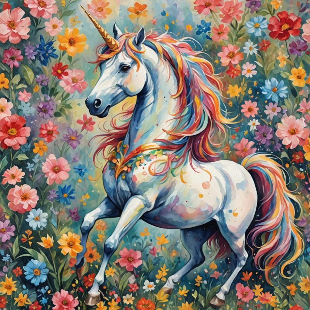 Unicorn in Gouache Style Impressionist Masterpiece