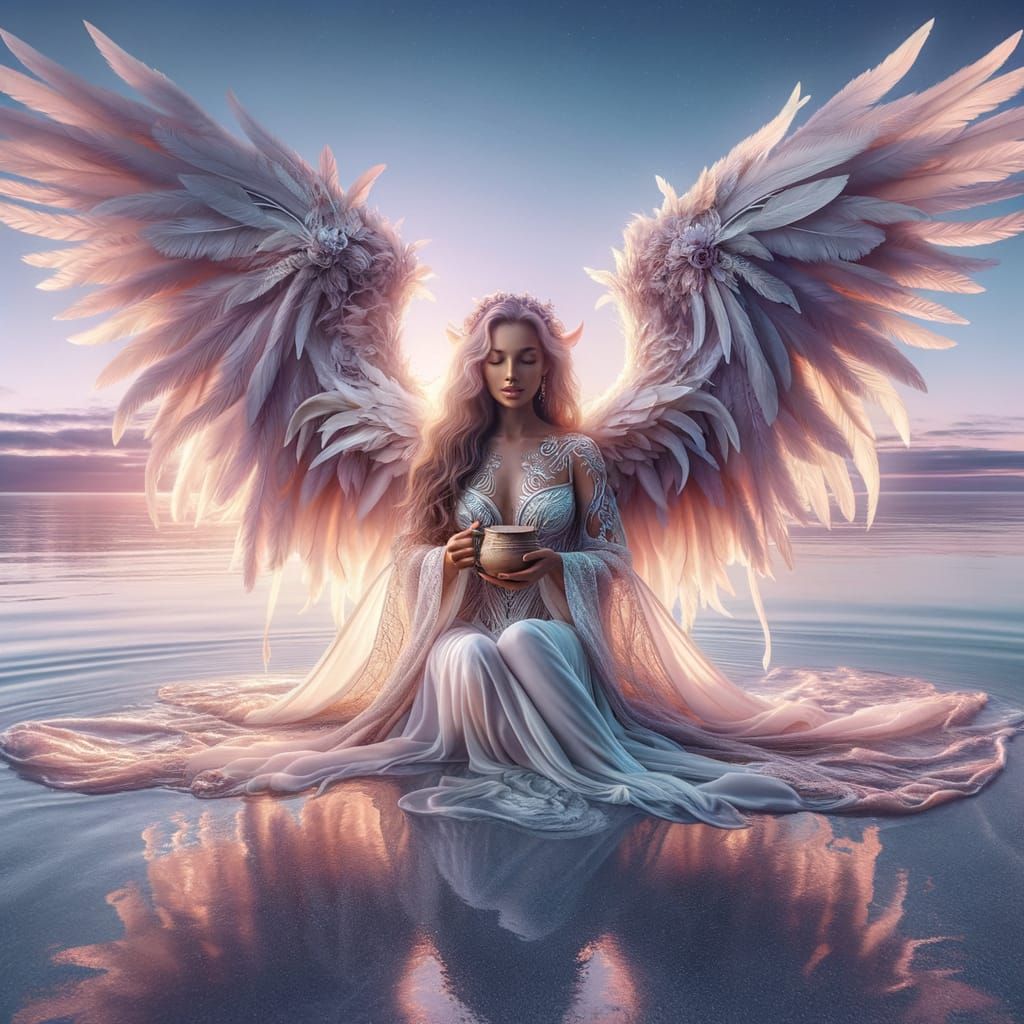 Angel Sipping Coffee by the Ocean at Sunrise