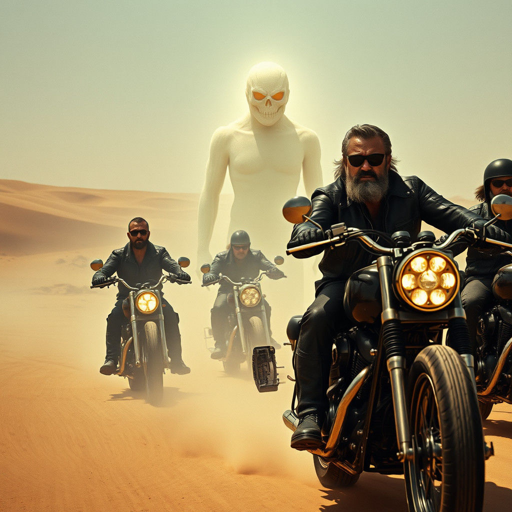Biker Gang Encounter with Desert Entity in Gothic Surrealism