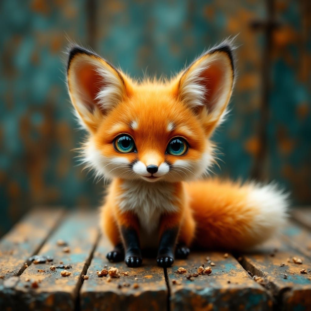 Surrealistic Fantasy Fox with Oversized Ears and Bright Blue...