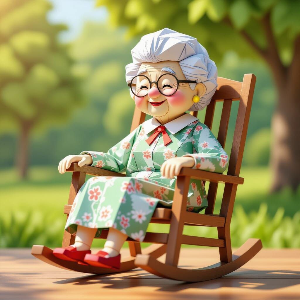 Adorable Origami Grandma in Rocking Chair, CGI Art