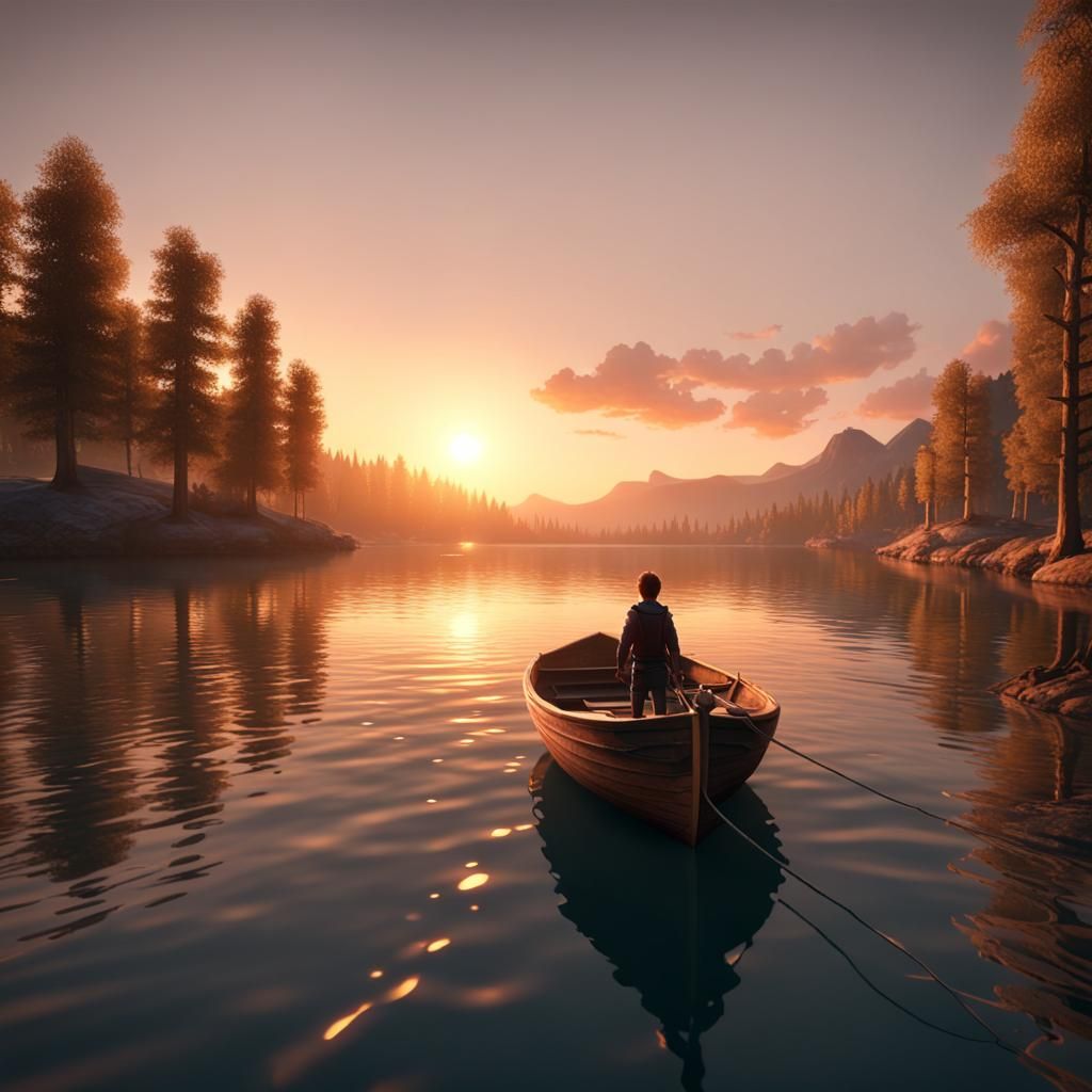 Boy Sailing Boat at Sunset: 3D Game Cinematic