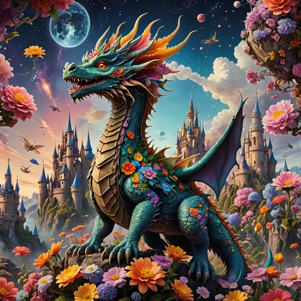 Flower Dragon Soaring Through Space with Flower Castle